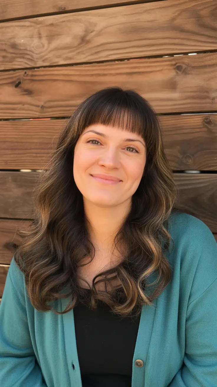 coupe cheveux longs visage rond Ondulations longues en couches avec baby bangs