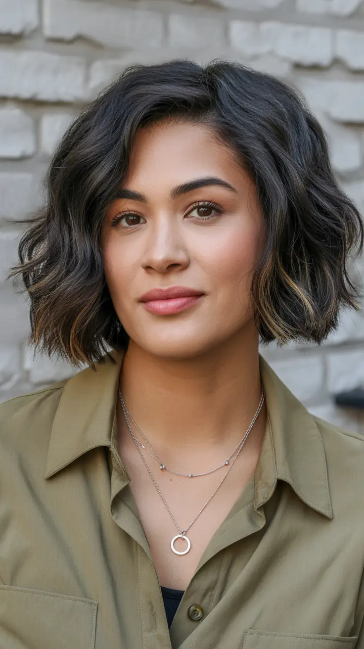 coupe cheveux courts visage rond Bob texturé ondulé avec reflets subtils