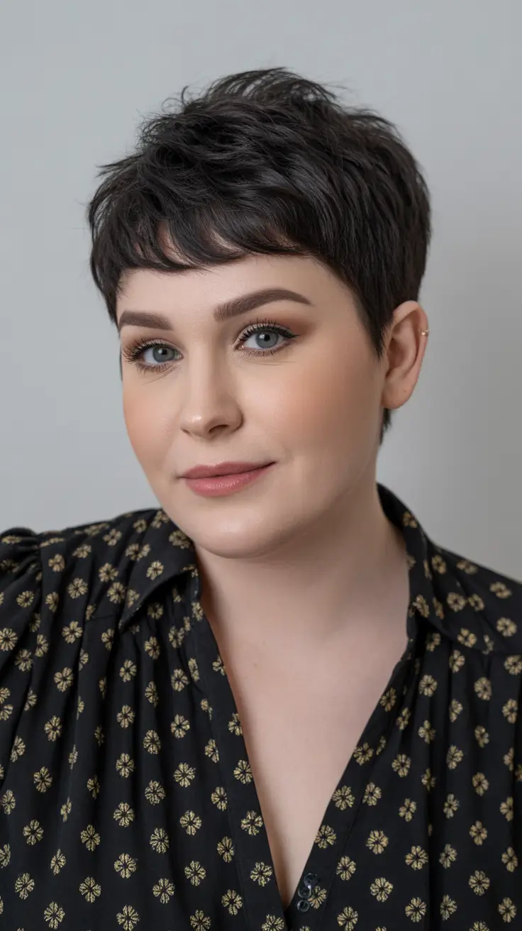 coupe cheveux courts visage rond Pixie texturé avec frange latérale