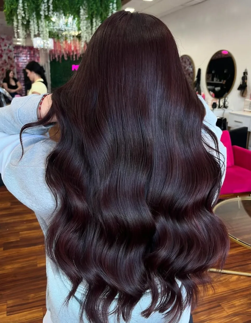 Balayage bordeaux profond sur base ébène