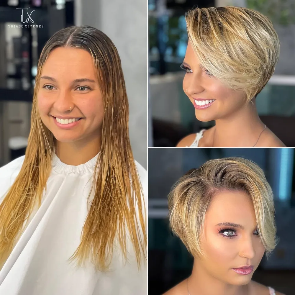 Bixie blond sable à racines foncées et frange balayée