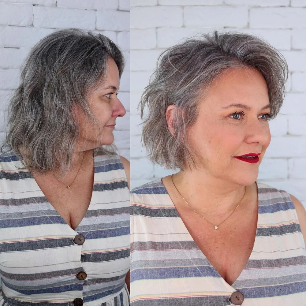 Carré gris-brun ondulé effet volume sur cheveux fins