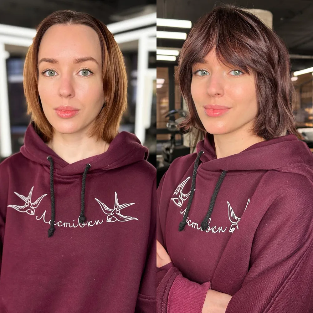 Carré shaggy court à la nuque avec frange fournie et couches