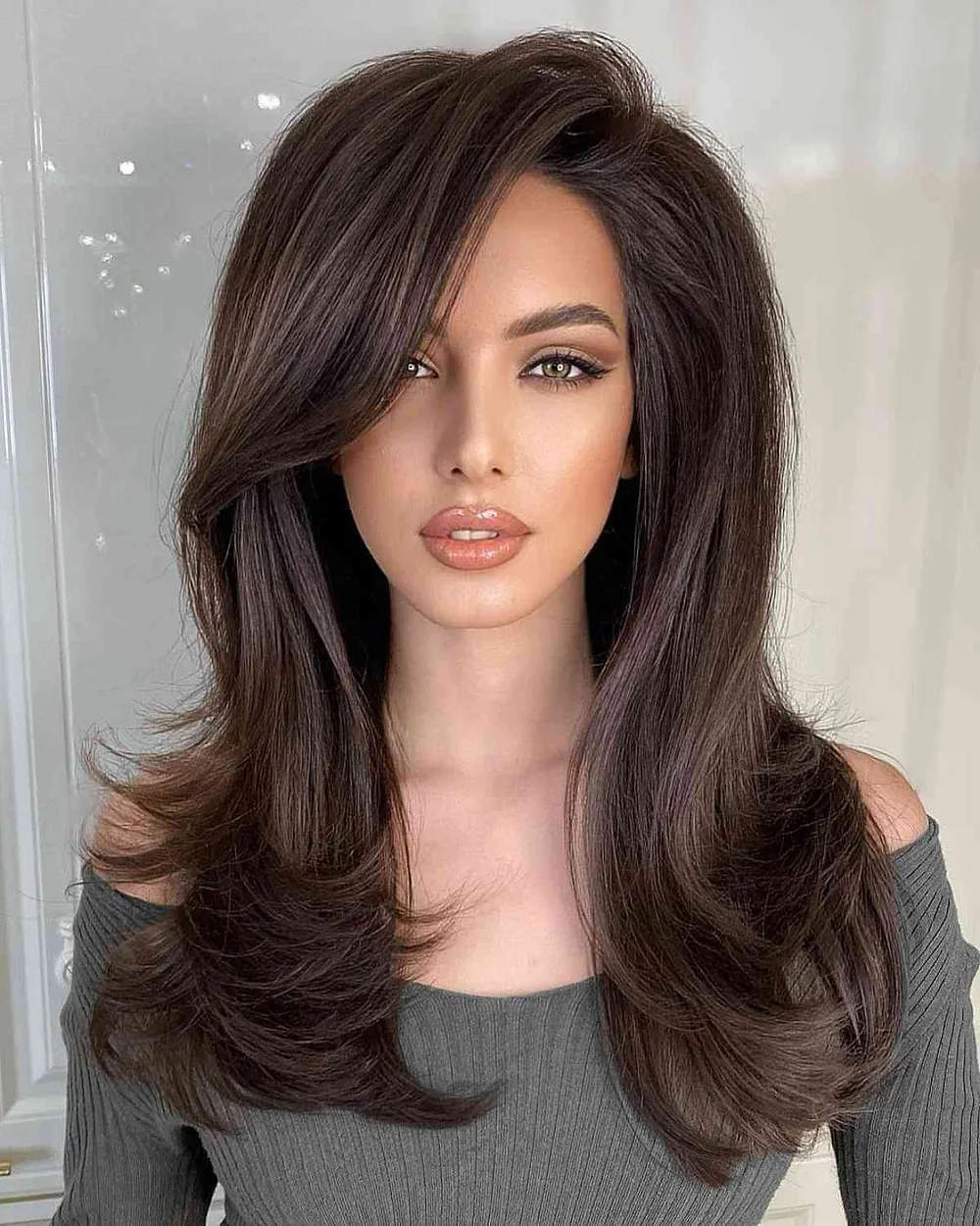 Cheveux épais bruns volumineux avec raie sur le côté