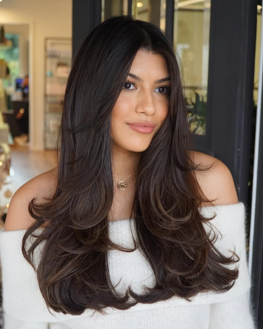 Cheveux longs fins avec dégradé face-framing encadrant le visage