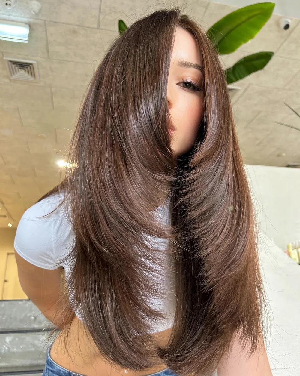 Cheveux longs raides avec dégradé angulaire coupé en pointe à l'avant