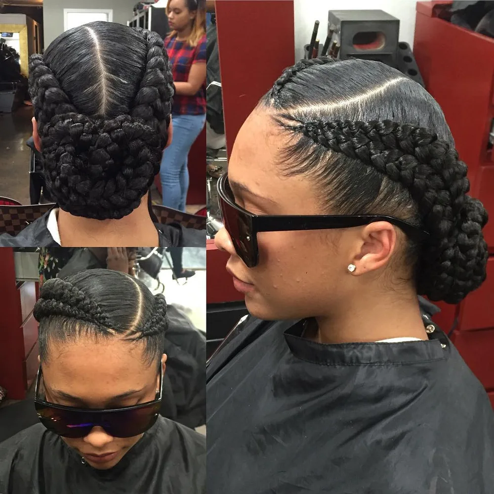 Chignon bas en double tresse de cornrows