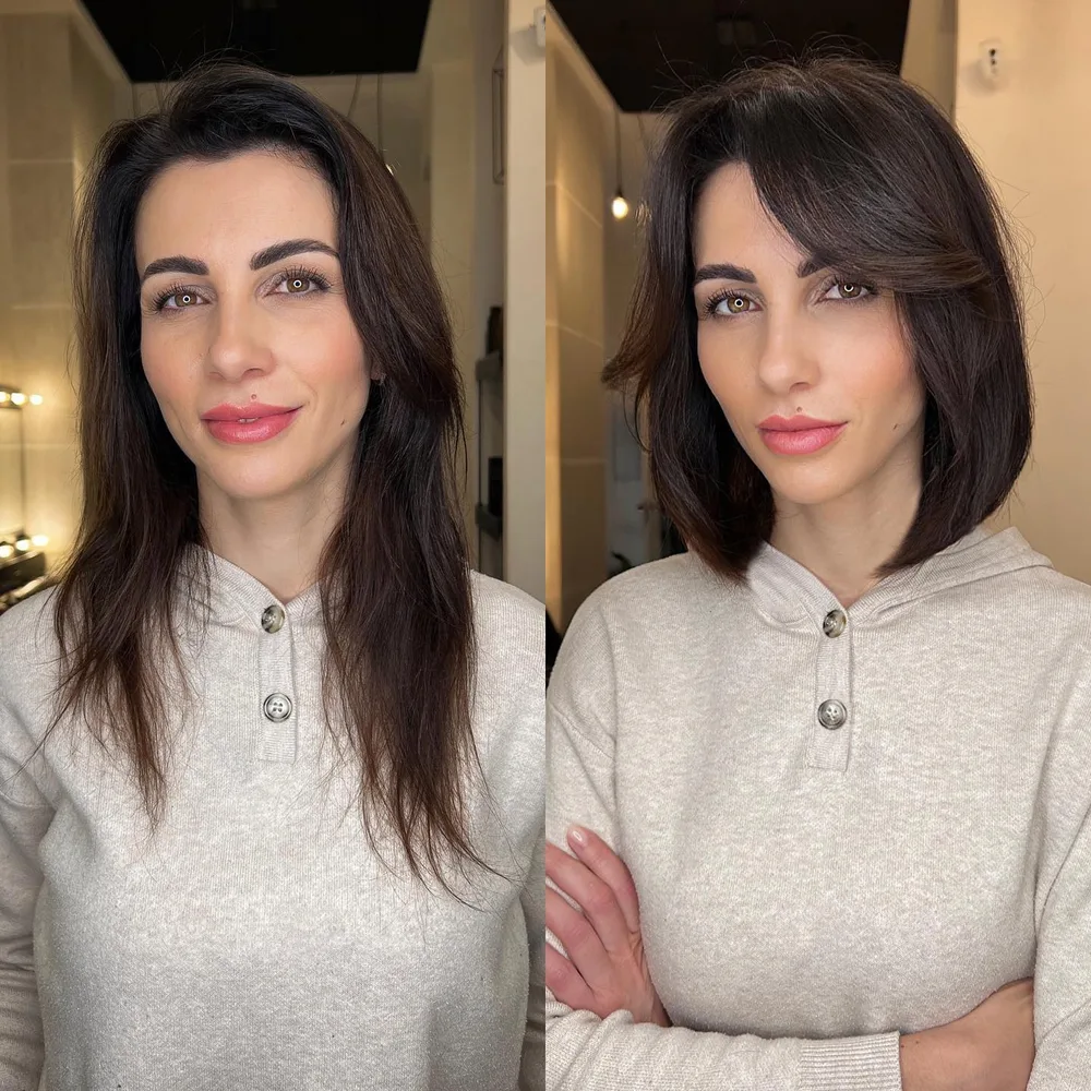 Lob brun à couches avec butterfly bangs encadrant le visage