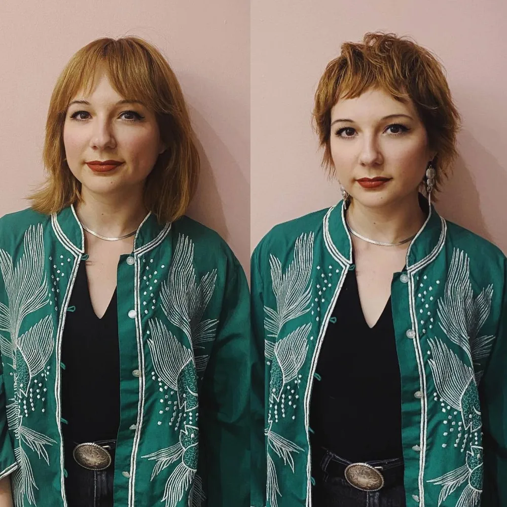 Mullet shag court à baby bangs et couches choppy