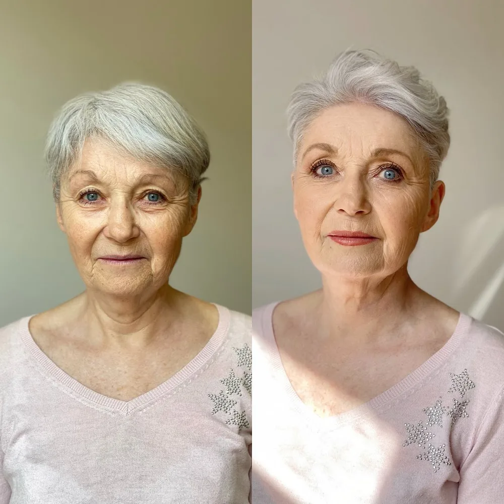 Pixie blanc pur coiffé vers l'arrière, allure dégagée et couture