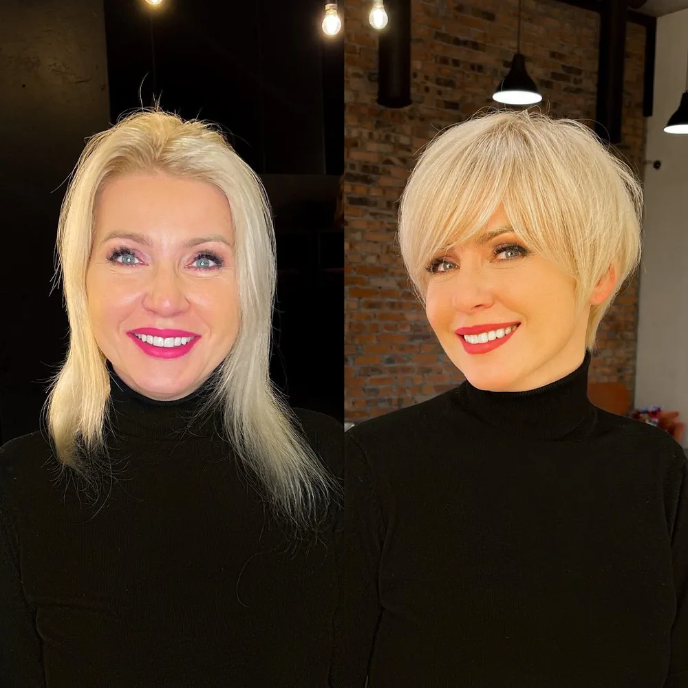 Pixie bob blond avec frange balayée sur le côté