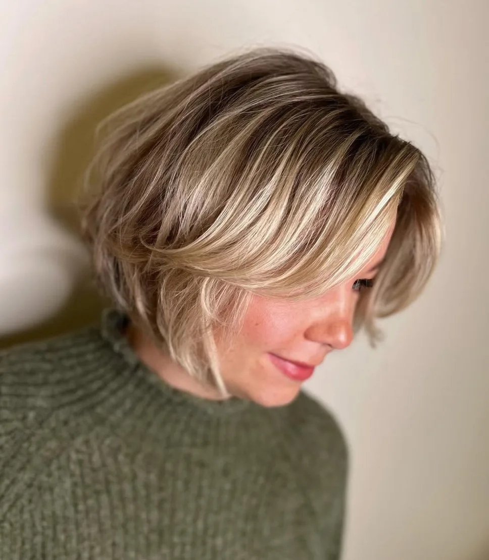 Bixie arrondi avec reflets blonds dimensionnels pour cheveux fins