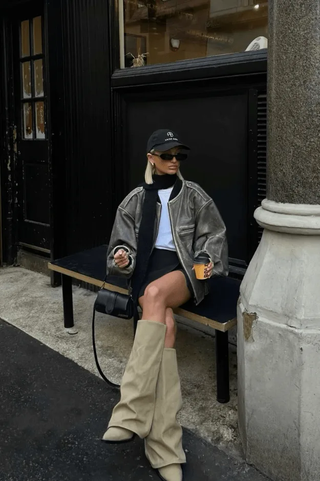 Bottes hautes texturées crème portées avec un bomber