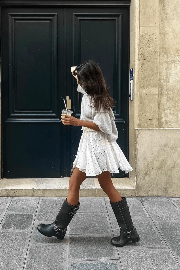 Bottes rangers noires portées avec une robe blanche romantique