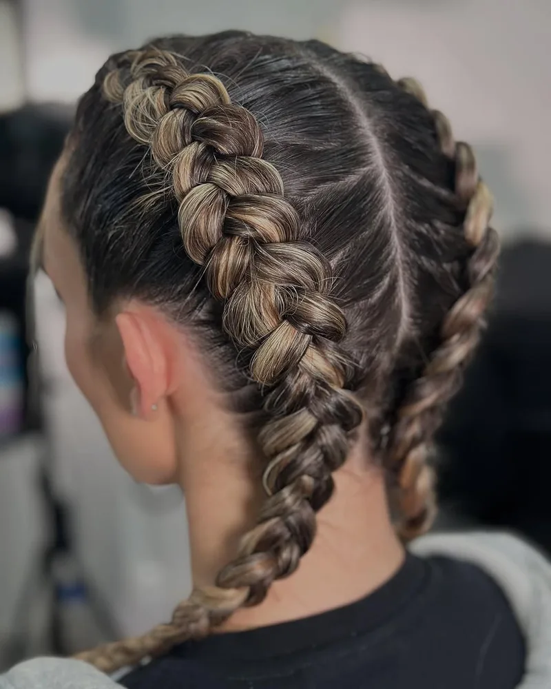 Deux dutch braids serrées le long du crâne, coiffure de natation anti-nœuds