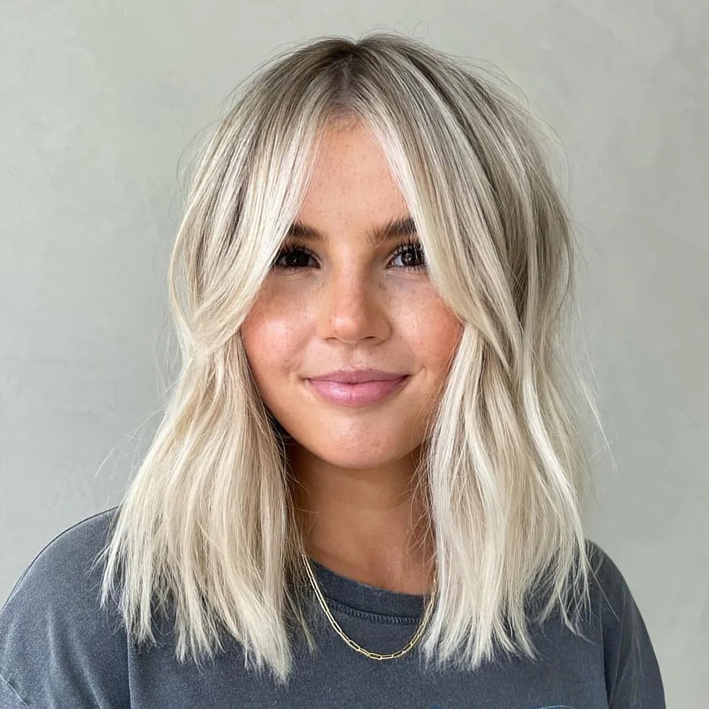 Coupe une longueur aux épaules coupée net avec frange encadrante blonde