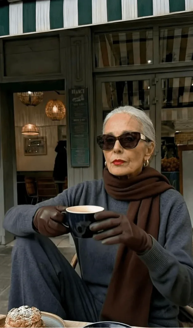 Femme de plus de 50 ans en total look brun chocolat, style automne chaleureux