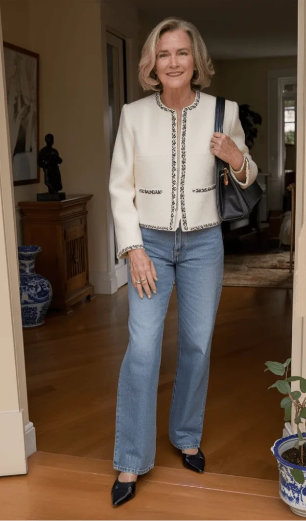 Femme de plus de 50 ans en veste crème, jean et mocassins plats, style automne confortable