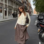 Look automne jupe longue marron plissée avec cardigan crème et bottes
