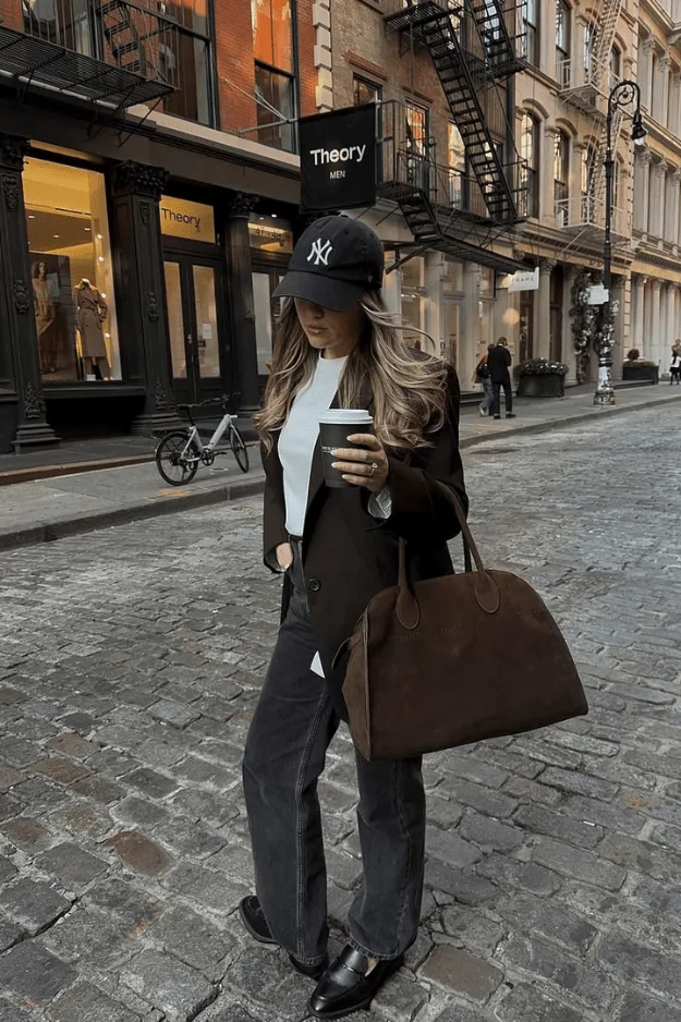 Look blazer oversize noir, crop top blanc, jean noir, mocassins et casquette marine