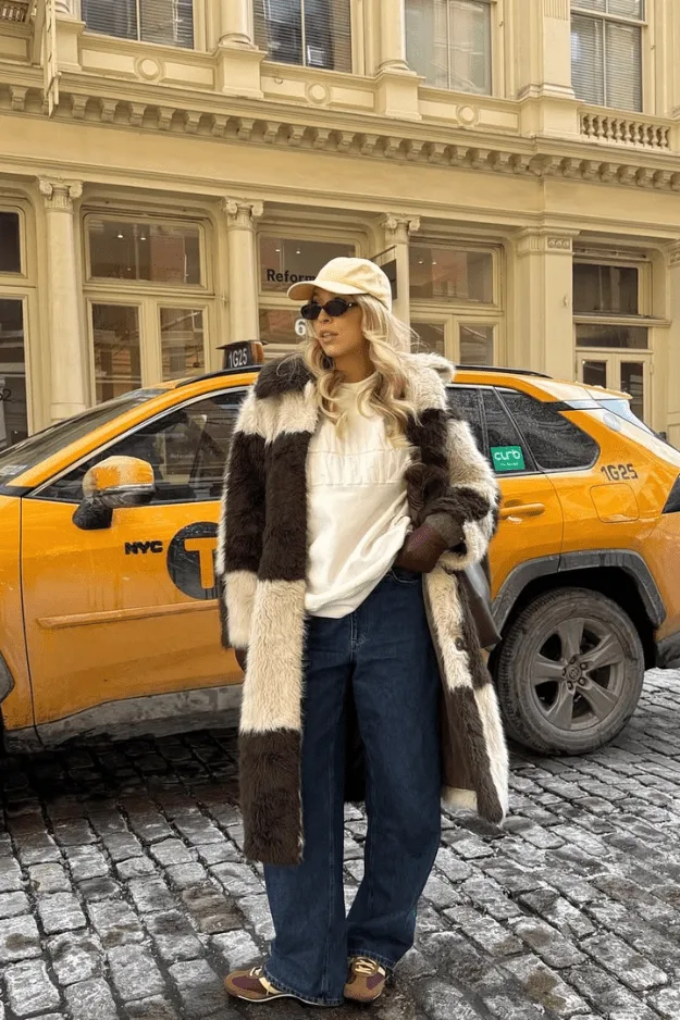 Look manteau moelleux rayé crème et chocolat avec jean marine et mules marron