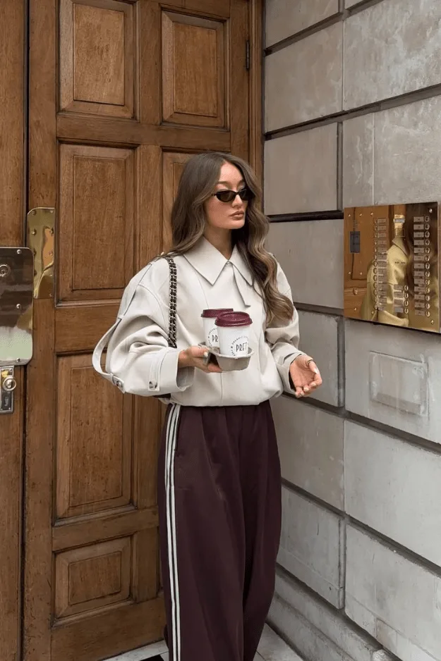 Look sweat crème avec pantalon de survêtement noir à bandes latérales