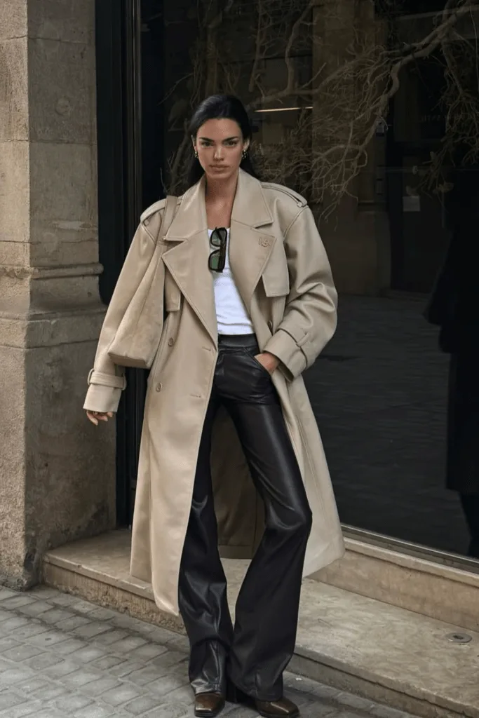 Look total cuir trench et pantalon en cuir avec top simple
