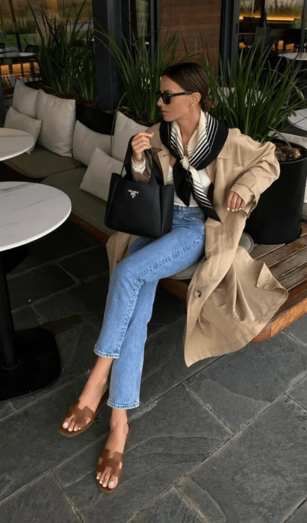 Look trench beige avec jean droit court et talons, terrasse de café