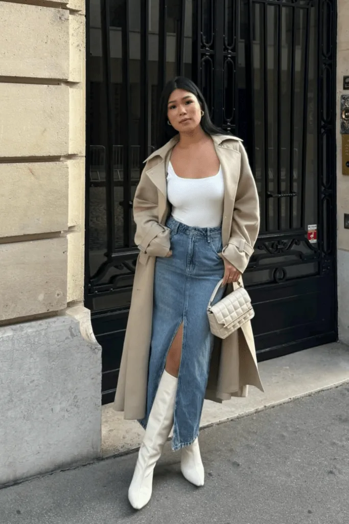 Look trench beige avec top blanc, jean droit et bottines blanches
