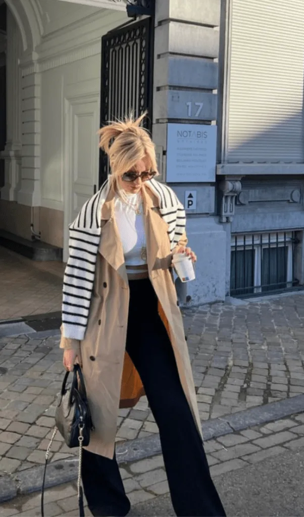 Look trench beige superposé sur pull et chemise rayée avec pantalon noir