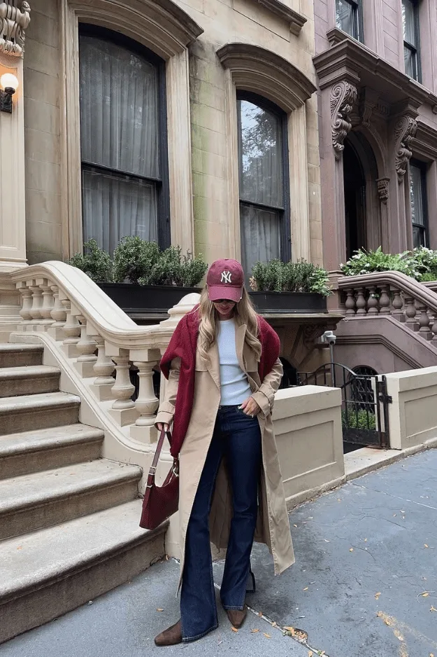 Look trench bicolore bordeaux et beige avec tee-shirt blanc, jean marine et casquette
