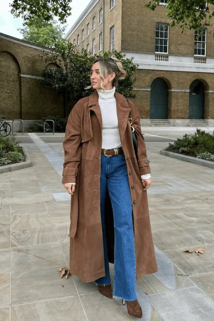 Look trench camel avec col roulé blanc et jean, élégance minimaliste