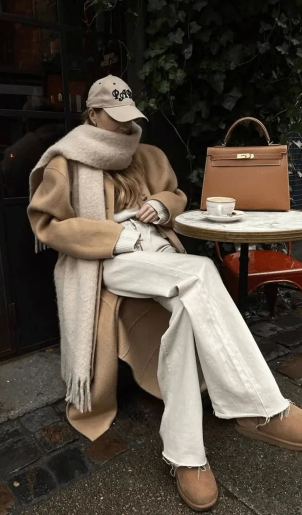 Look trench moka tonal avec grande écharpe assortie et sac, style café