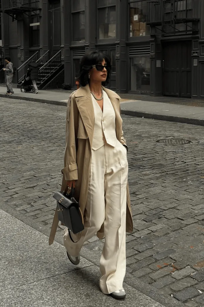 Look trench sur ensemble tailleur gilet et pantalon crème, power dressing