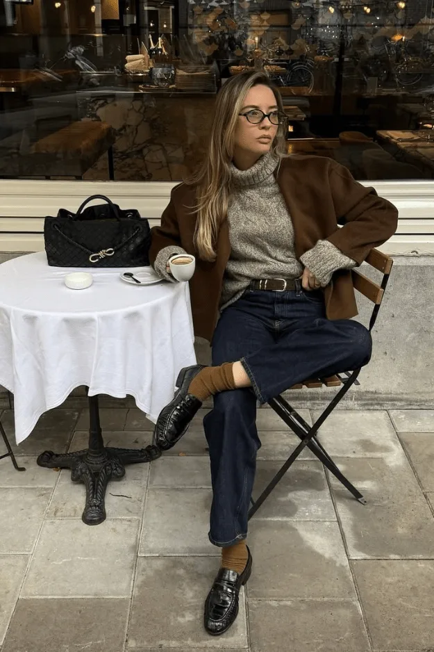 Tenue de bureau automne blazer marron avec col roulé gris et jean foncé et mocassins