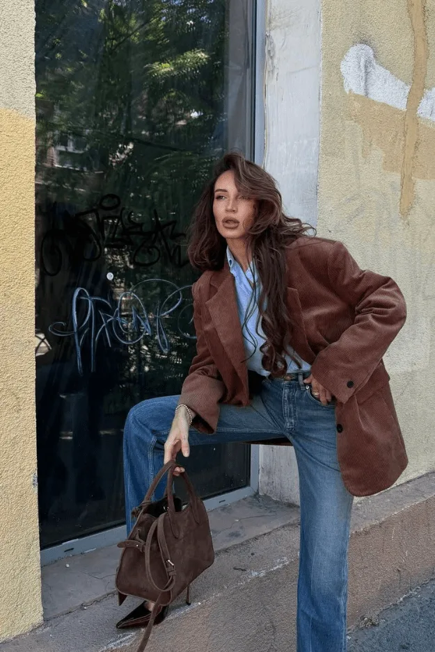 Tenue de bureau automne blazer marron en velours côtelé, chemise rayée et jean bleu
