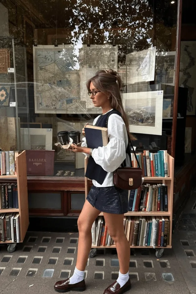 Tenue de bureau automne gilet marine sur chemise blanche avec mini-jupe et mocassins bordeaux