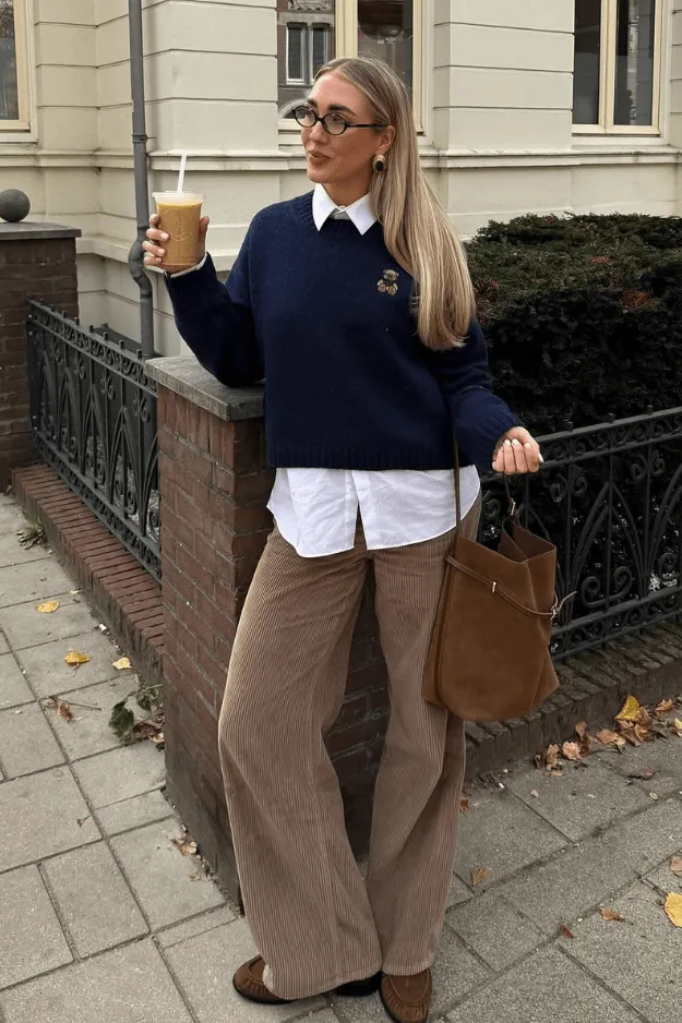 Tenue de bureau automne pull marine sur chemise blanche avec pantalon côtelé camel et mocassins