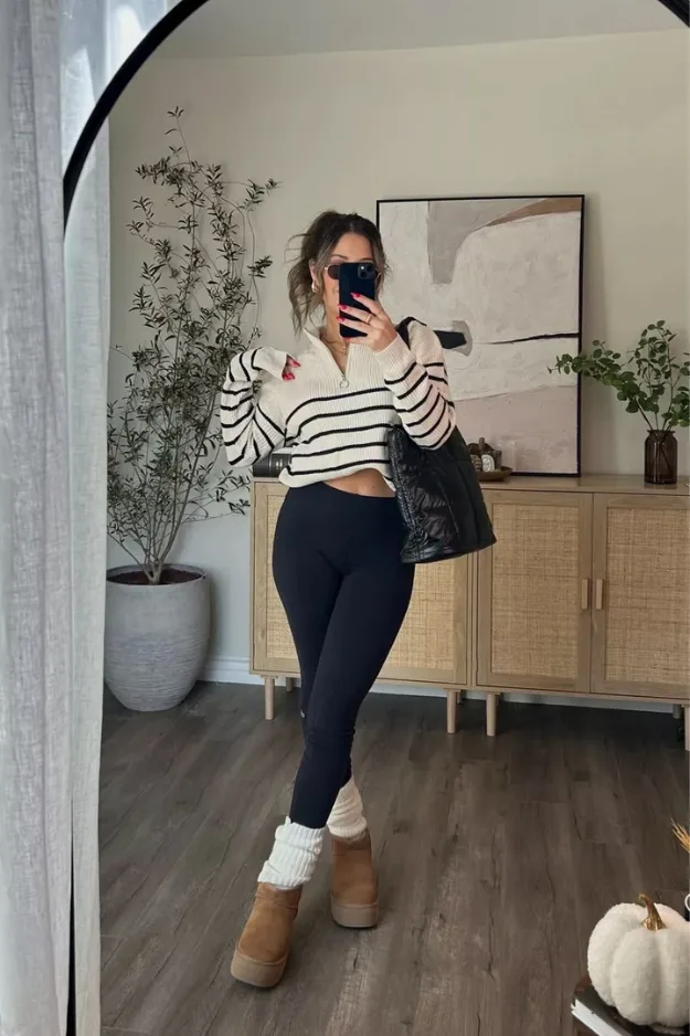 Tenue top rayé crop noir et blanc avec pantalon noir et sac pour la rentrée