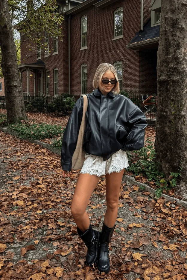 Blouson en cuir marron porté avec un short blanc et des bottines