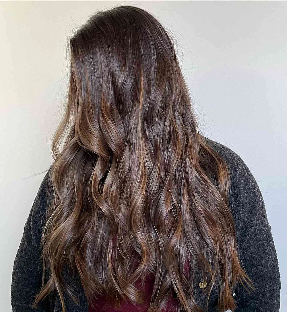 Cheveux chocolat multi-tons dimensionnel avec highlights, de face