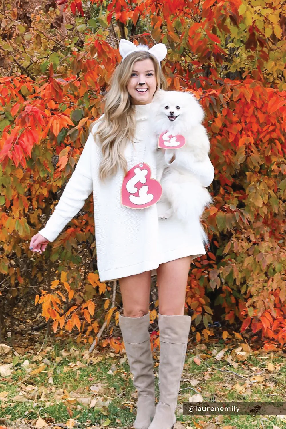 Costume Beanie Baby blanc avec oreilles, peluche et étiquette cœur