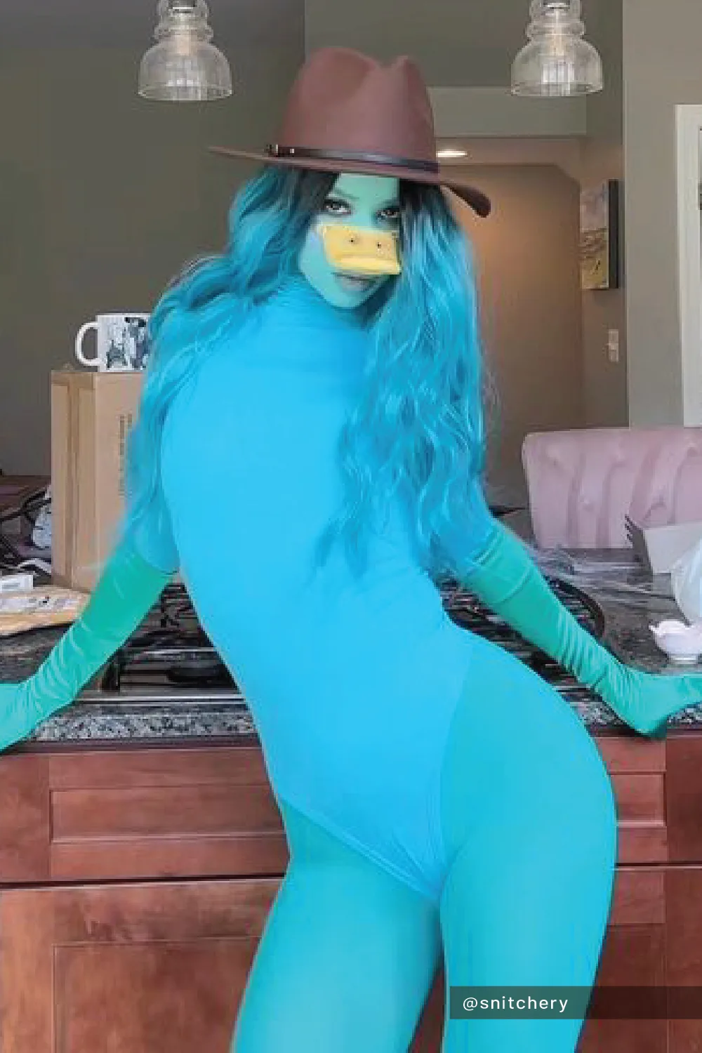 Costume Perry l’ornithorynque avec combinaison bleue, fedora marron et bec