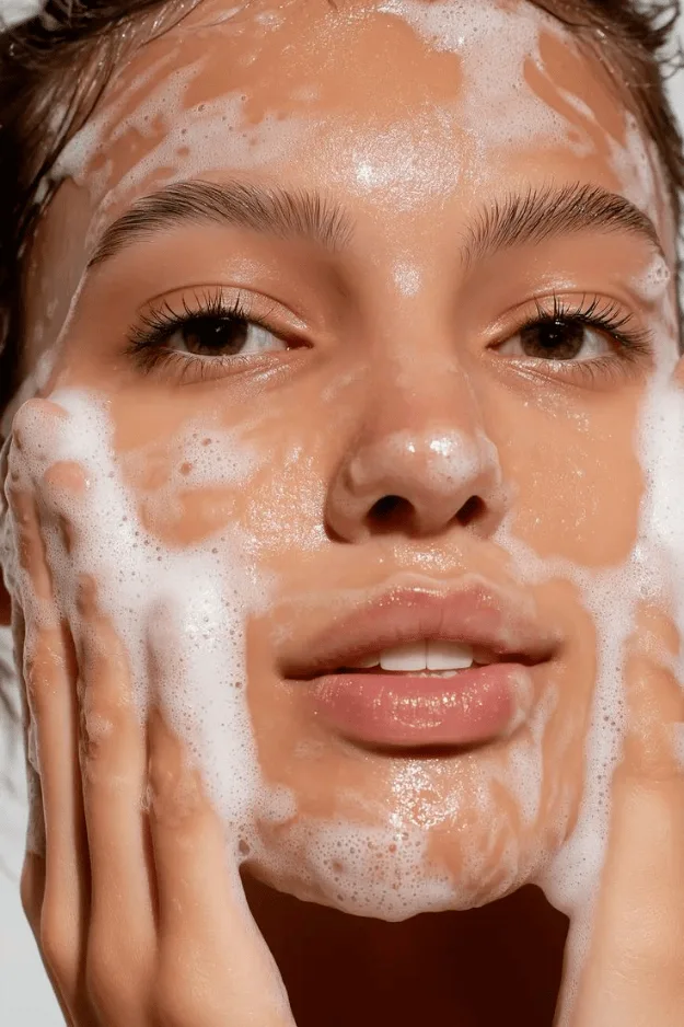 Femme nettoyant son visage avec une mousse nettoyante, gros plan