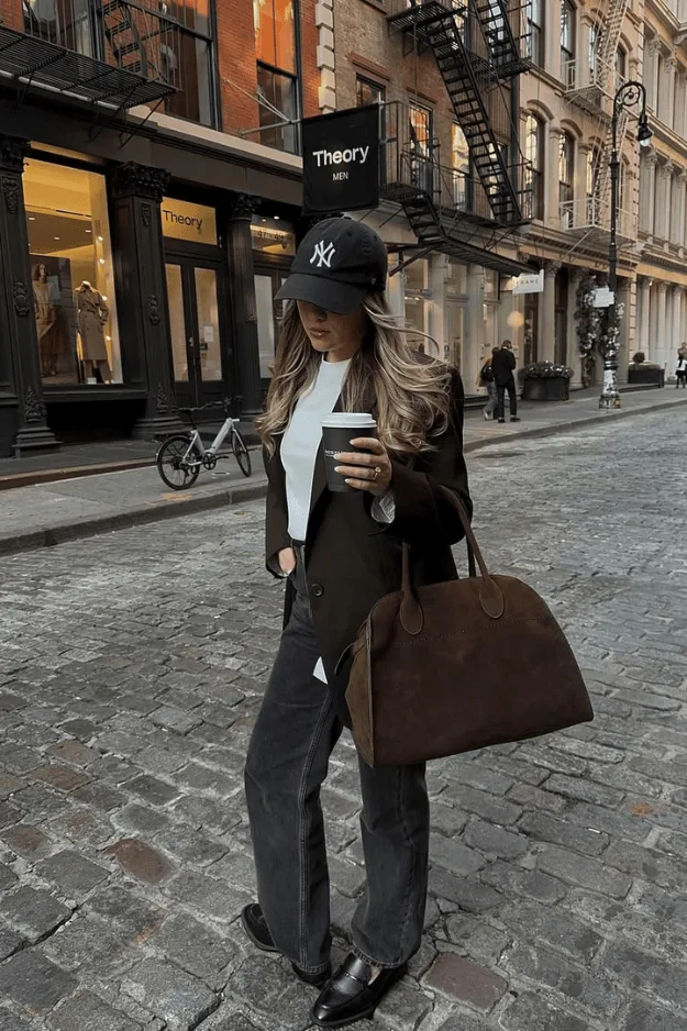 Grand sac bowling en daim chocolat porté avec un blazer et une casquette
