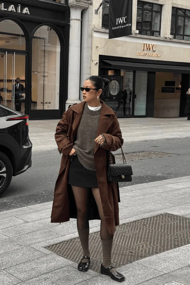 Long manteau marron porté avec une jupe et des collants