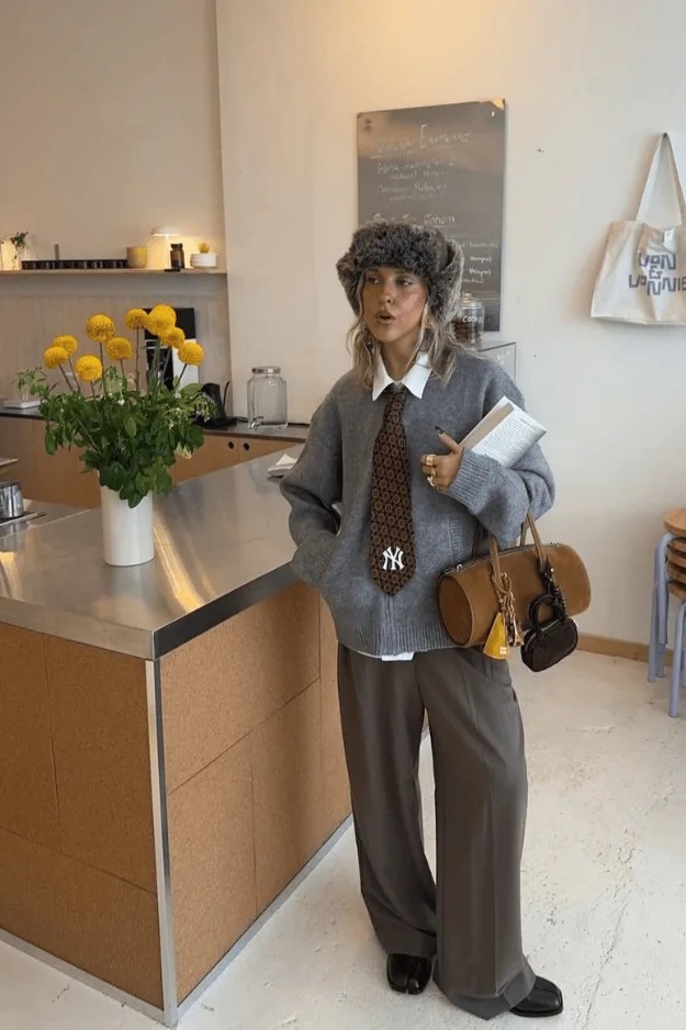 Look ton sur ton gris et taupe en maille avec chapka en fourrure