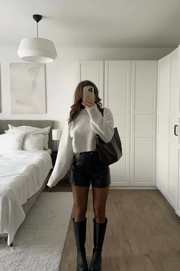 Pull crème épais porté avec un short en cuir noir et des bottes hautes noires