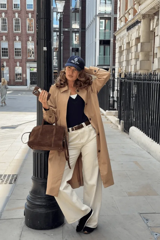 Sac en daim marron porté main avec un trench camel et une casquette