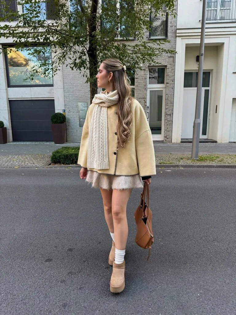 UGG beige avec mini-jupe écrue, veste claire et écharpe en maille